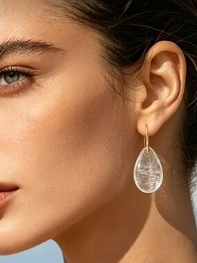 ✨ Natural Clear Quartz Crystal Teardrop Drop Hook Earrings Gold